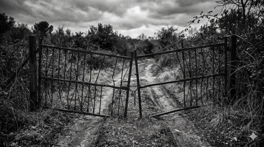 A high-contrast black and white photograph of a broken wrought-iron community security gate. One side of the gate hangs crookedly off its hinge, preventing it from closing properly. The background shows a slightly blurred entrance to a residential neighborhood under a moody, overcast sky, symbolizing community neglect and deferred maintenance.